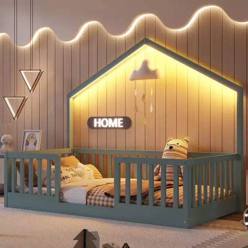Okak Twin/Full Wooden Montessori Bed Frame with Lights,Modern Floor Platform Bed for Kids Room,Bedroom,No Box Spring Needed