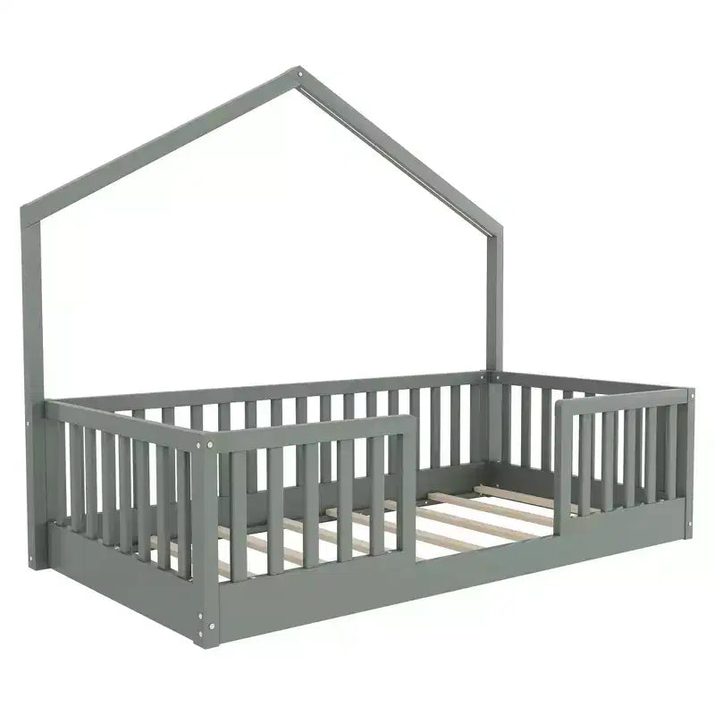 Okak Twin/Full Wooden Montessori Bed Frame with Lights,Modern Floor Platform Bed for Kids Room,Bedroom,No Box Spring Needed