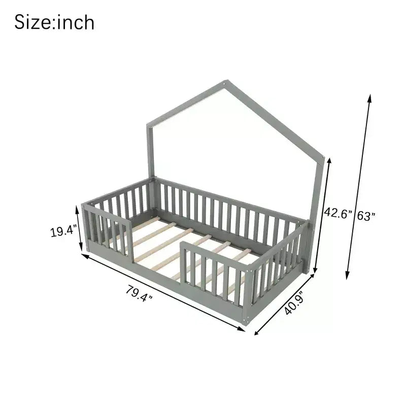 Okak Twin/Full Wooden Montessori Bed Frame with Lights,Modern Floor Platform Bed for Kids Room,Bedroom,No Box Spring Needed