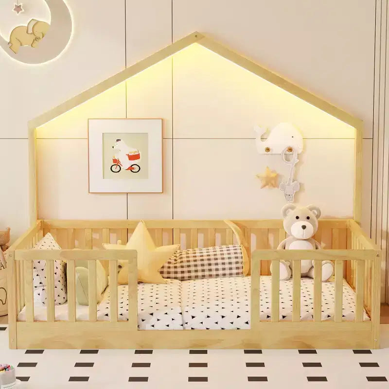 Okak Twin/Full Wooden Montessori Bed Frame with Lights,Modern Floor Platform Bed for Kids Room,Bedroom,No Box Spring Needed