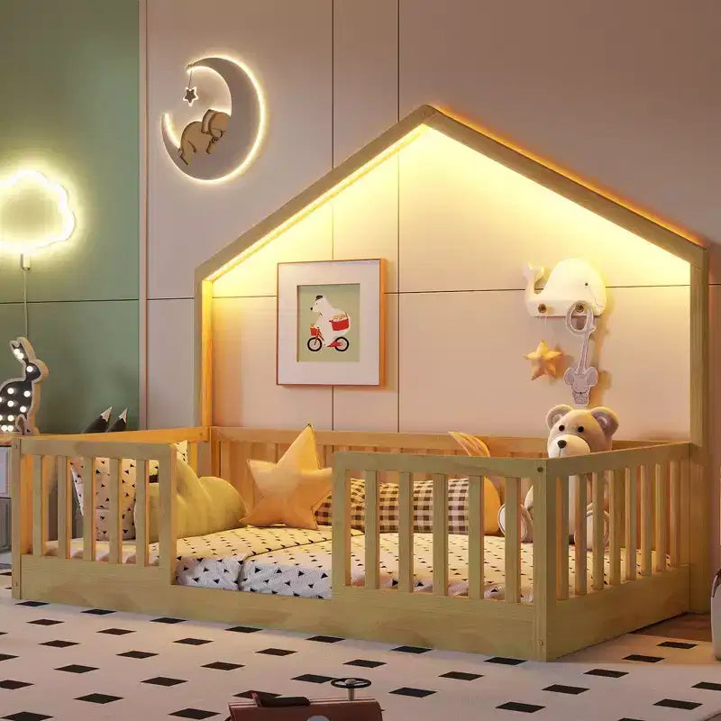 Okak Twin/Full Wooden Montessori Bed Frame with Lights,Modern Floor Platform Bed for Kids Room,Bedroom,No Box Spring Needed