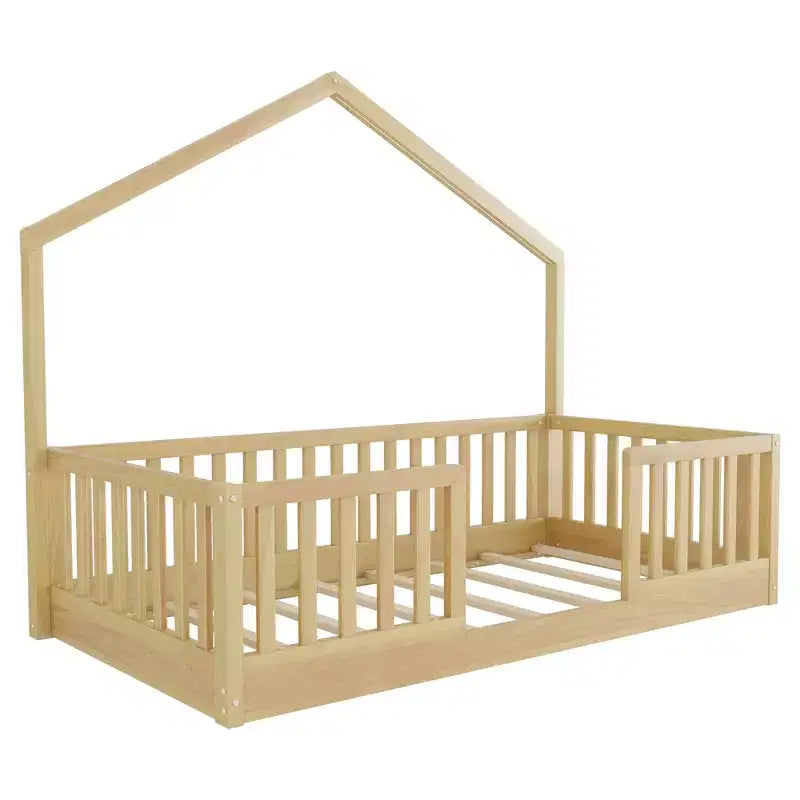 Okak Twin/Full Wooden Montessori Bed Frame with Lights,Modern Floor Platform Bed for Kids Room,Bedroom,No Box Spring Needed
