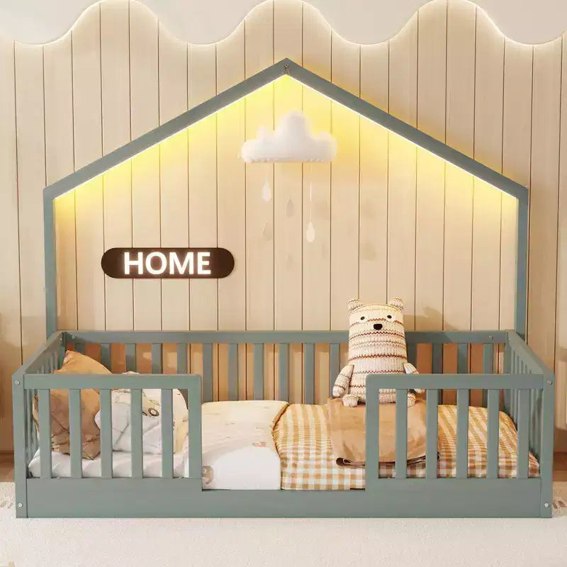 Okak Twin/Full Wooden Montessori Bed Frame with Lights,Modern Floor Platform Bed for Kids Room,Bedroom,No Box Spring Needed