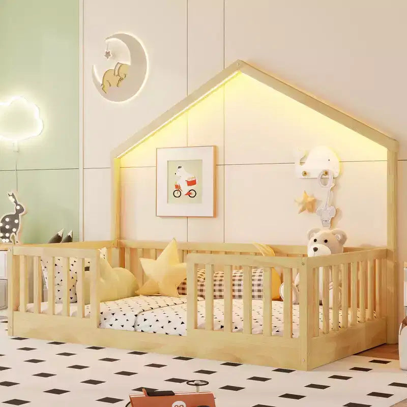 Okak Twin/Full Wooden Montessori Bed Frame with Lights,Modern Floor Platform Bed for Kids Room,Bedroom,No Box Spring Needed