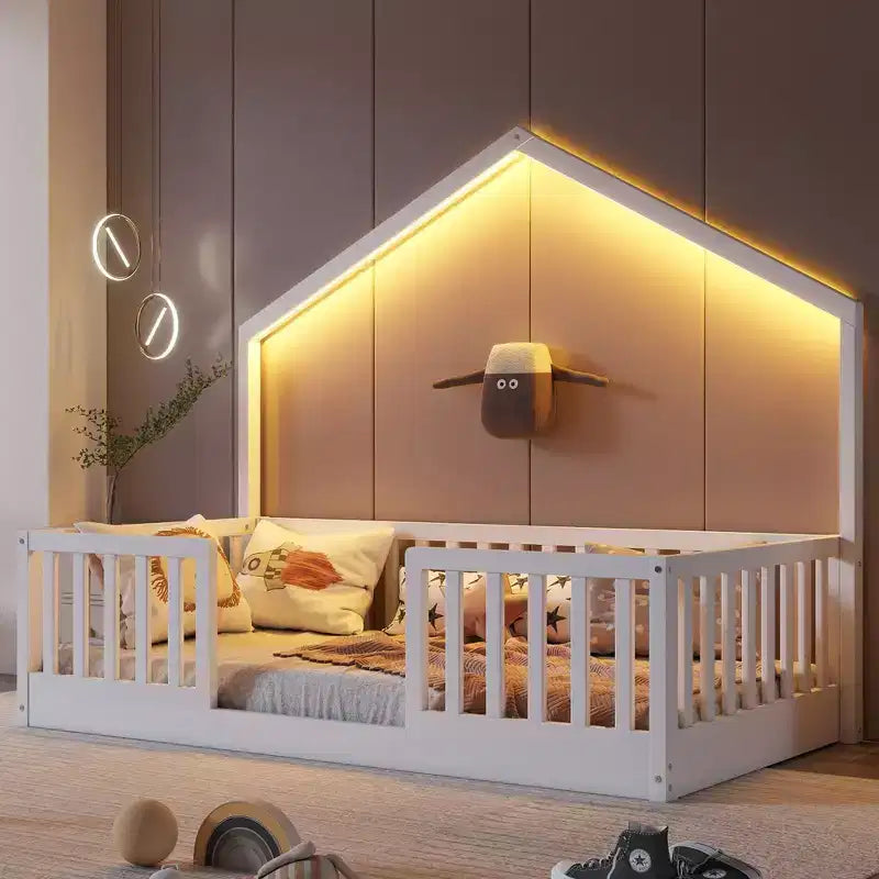 Okak Twin/Full Wooden Montessori Bed Frame with Lights,Modern Floor Platform Bed for Kids Room,Bedroom,No Box Spring Needed