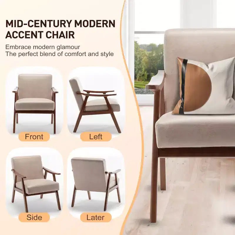 Furniliving Mid-Century Modern Accent Chair with Solid Wood Frame, Wingback Chair for Bedroom, Reading Room, Living Room