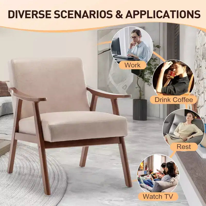Furniliving Mid-Century Modern Accent Chair with Solid Wood Frame, Wingback Chair for Bedroom, Reading Room, Living Room