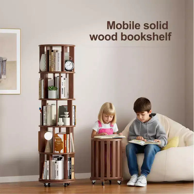 Corner Bookshelf Wood Book Shelf on Wheels, 360 Rotating Bookshelf, Narrow Bookcase