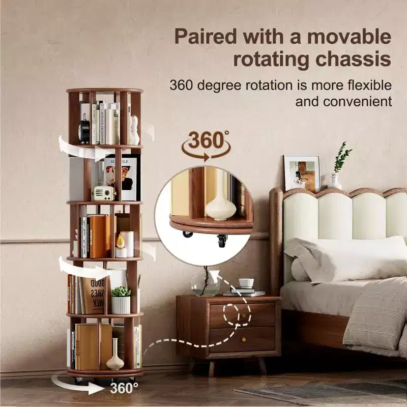 Corner Bookshelf Wood Book Shelf on Wheels, 360 Rotating Bookshelf, Narrow Bookcase