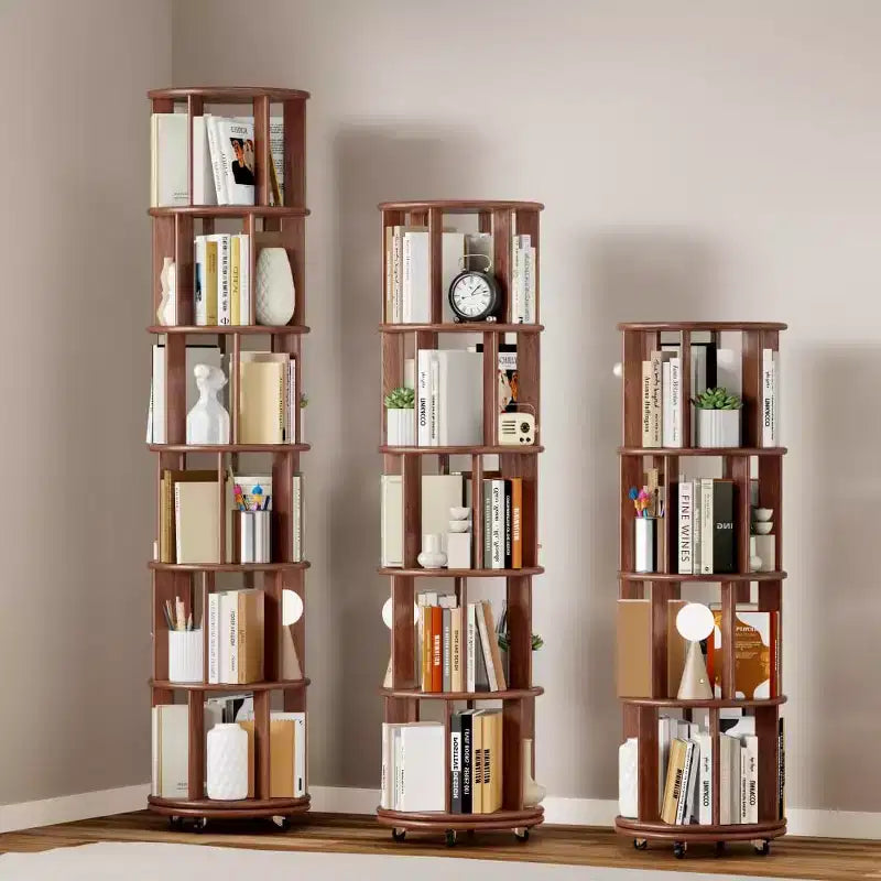 Corner Bookshelf Wood Book Shelf on Wheels, 360 Rotating Bookshelf, Narrow Bookcase
