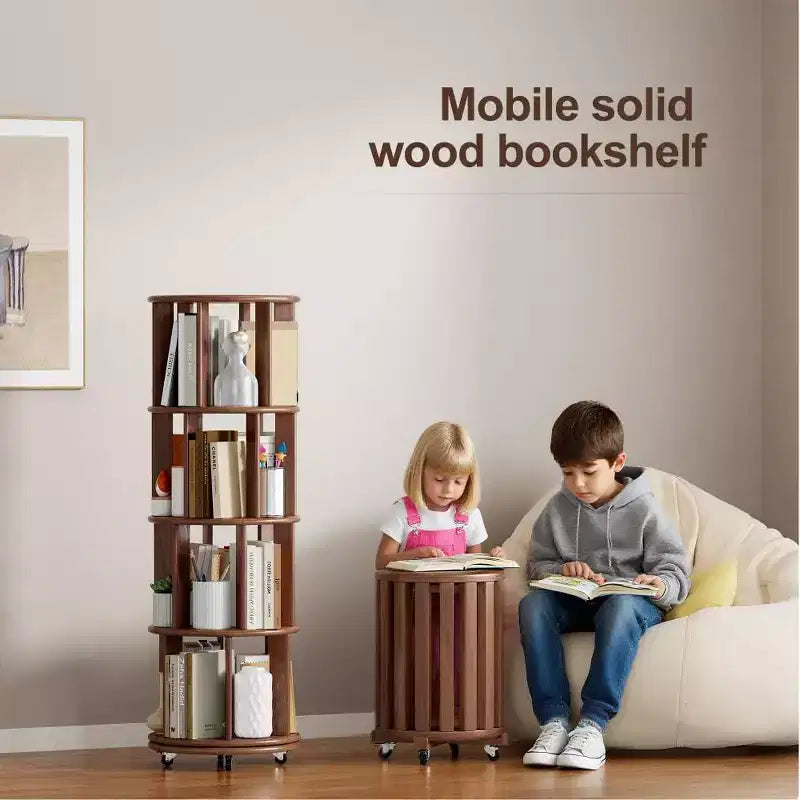 Corner Bookshelf Wood Book Shelf on Wheels, 360 Rotating Bookshelf, Narrow Bookcase