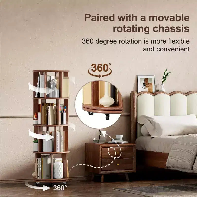Corner Bookshelf Wood Book Shelf on Wheels, 360 Rotating Bookshelf, Narrow Bookcase