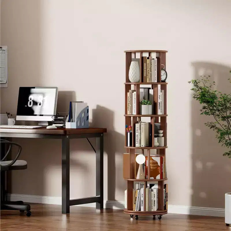 Corner Bookshelf Wood Book Shelf on Wheels, 360 Rotating Bookshelf, Narrow Bookcase