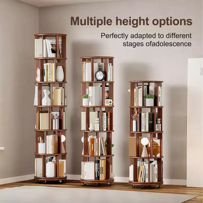 Corner Bookshelf Wood Book Shelf on Wheels, 360 Rotating Bookshelf, Narrow Bookcase