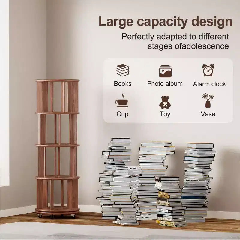 Corner Bookshelf Wood Book Shelf on Wheels, 360 Rotating Bookshelf, Narrow Bookcase