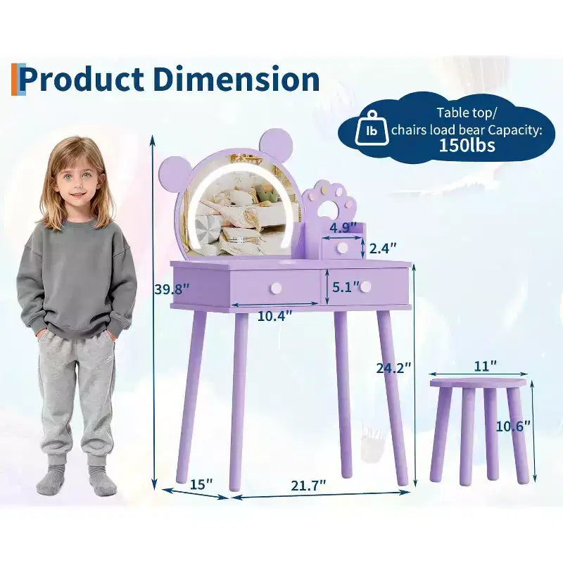 Kids Vanity Table with Lights,Cute Bear Shaped Dressing Tables,Wooden Princess Toddler Make Up Table Set with Storage Drawers &Stool for Little Girls