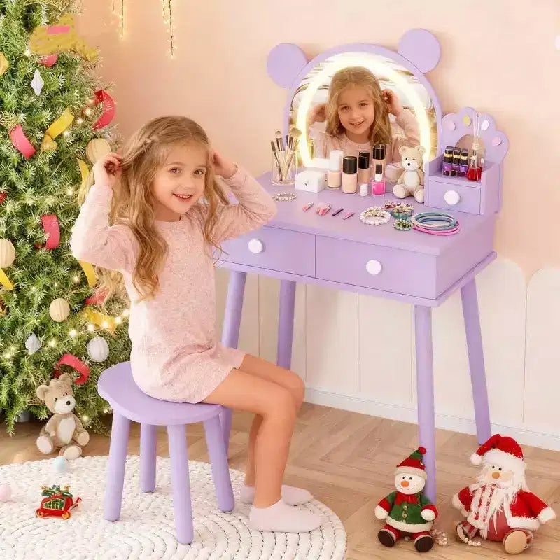 Kids Vanity Table with Lights,Cute Bear Shaped Dressing Tables,Wooden Princess Toddler Make Up Table Set with Storage Drawers &Stool for Little Girls