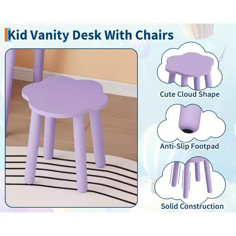 Kids Vanity Table with Lights,Cute Bear Shaped Dressing Tables,Wooden Princess Toddler Make Up Table Set with Storage Drawers &Stool for Little Girls