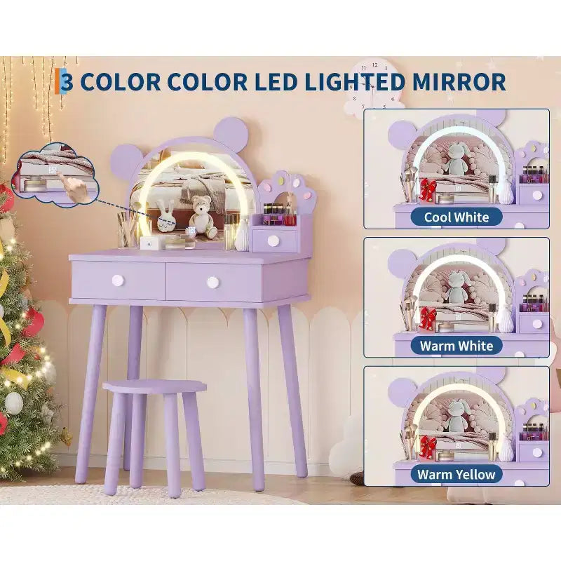 Kids Vanity Table with Lights,Cute Bear Shaped Dressing Tables,Wooden Princess Toddler Make Up Table Set with Storage Drawers &Stool for Little Girls