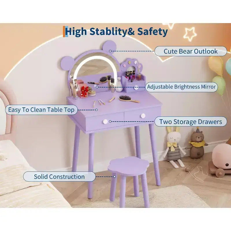 Kids Vanity Table with Lights,Cute Bear Shaped Dressing Tables,Wooden Princess Toddler Make Up Table Set with Storage Drawers &Stool for Little Girls