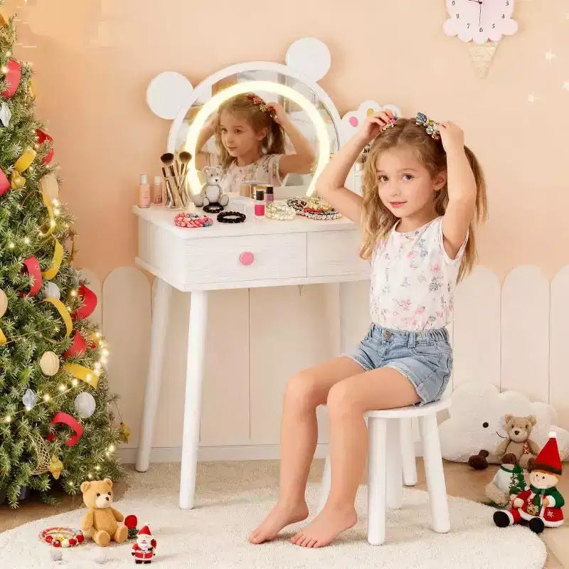 Kids Vanity Table with Lights,Cute Bear Shaped Dressing Tables,Wooden Princess Toddler Make Up Table Set with Storage Drawers &Stool for Little Girls