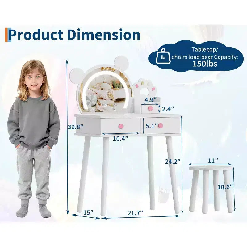 Kids Vanity Table with Lights,Cute Bear Shaped Dressing Tables,Wooden Princess Toddler Make Up Table Set with Storage Drawers &Stool for Little Girls