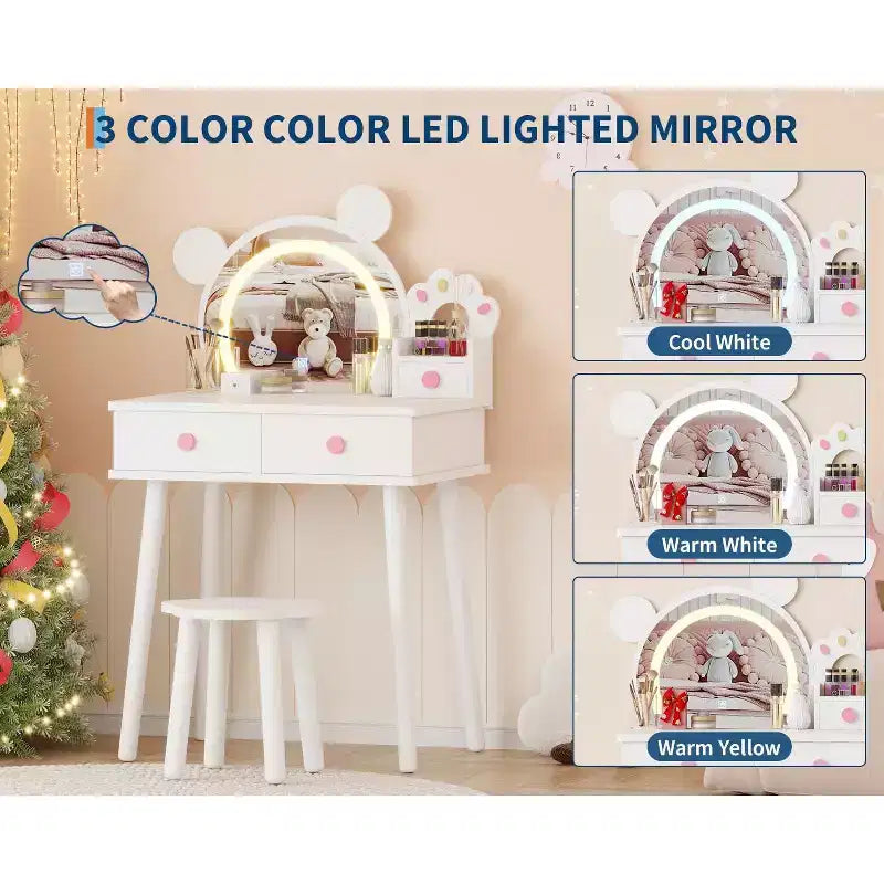 Kids Vanity Table with Lights,Cute Bear Shaped Dressing Tables,Wooden Princess Toddler Make Up Table Set with Storage Drawers &Stool for Little Girls
