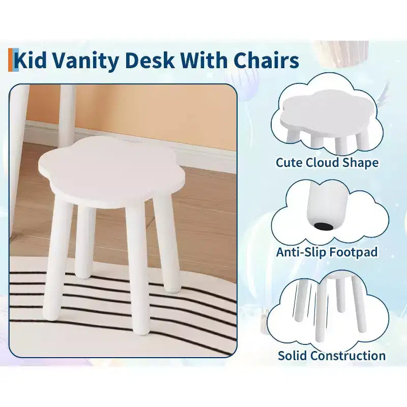 Kids Vanity Table with Lights,Cute Bear Shaped Dressing Tables,Wooden Princess Toddler Make Up Table Set with Storage Drawers &Stool for Little Girls