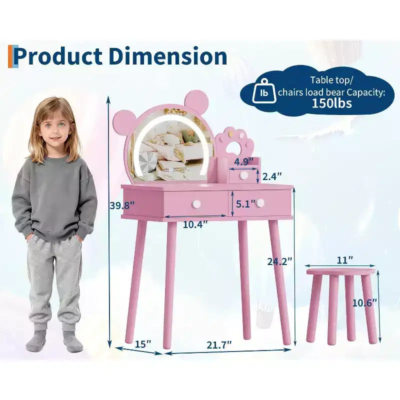 Kids Vanity Table with Lights,Cute Bear Shaped Dressing Tables,Wooden Princess Toddler Make Up Table Set with Storage Drawers &Stool for Little Girls