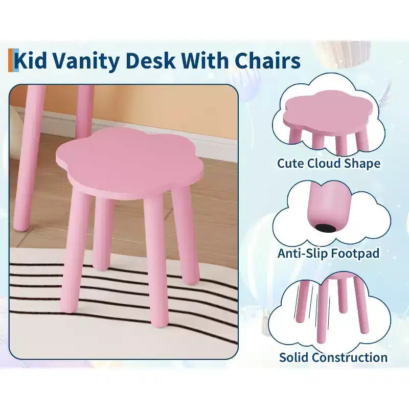 Kids Vanity Table with Lights,Cute Bear Shaped Dressing Tables,Wooden Princess Toddler Make Up Table Set with Storage Drawers &Stool for Little Girls