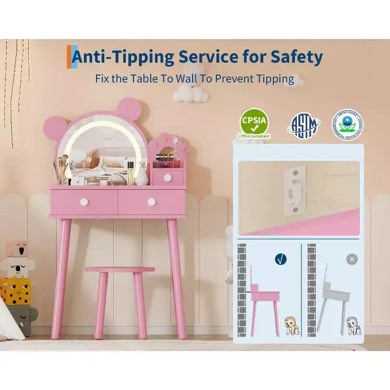 Kids Vanity Table with Lights,Cute Bear Shaped Dressing Tables,Wooden Princess Toddler Make Up Table Set with Storage Drawers &Stool for Little Girls