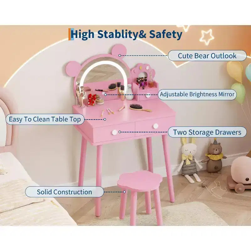 Kids Vanity Table with Lights,Cute Bear Shaped Dressing Tables,Wooden Princess Toddler Make Up Table Set with Storage Drawers &Stool for Little Girls