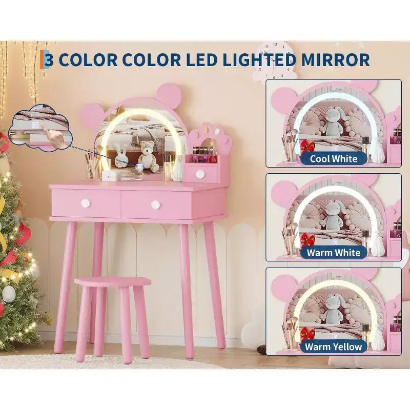 Kids Vanity Table with Lights,Cute Bear Shaped Dressing Tables,Wooden Princess Toddler Make Up Table Set with Storage Drawers &Stool for Little Girls