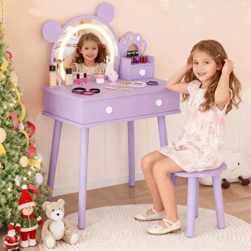 Kids Vanity Table with Lights,Cute Bear Shaped Dressing Tables,Wooden Princess Toddler Make Up Table Set with Storage Drawers &Stool for Little Girls