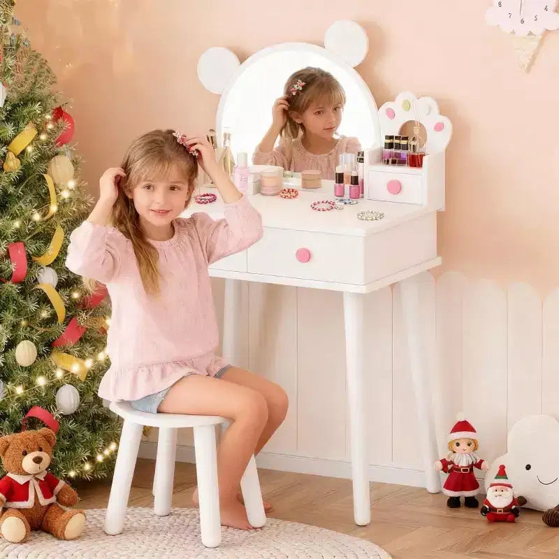Kids Vanity Table with Lights,Cute Bear Shaped Dressing Tables,Wooden Princess Toddler Make Up Table Set with Storage Drawers &Stool for Little Girls