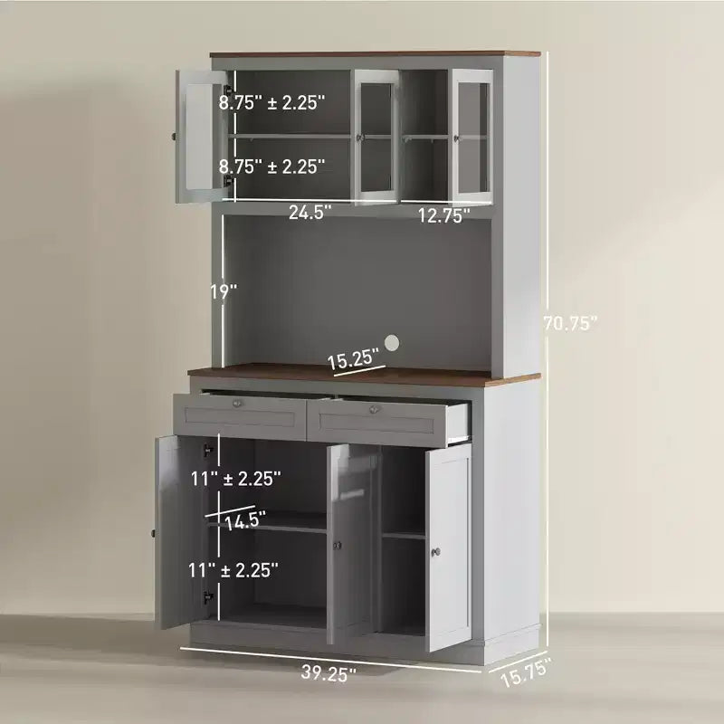 Okak Farmhouse Storage Kitchen Pantry Cabinet with 6 Doors & Microwave Stand,Accent Hutch Cabinet Bookcase for Living Room,Kitchen