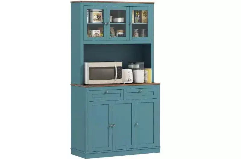 Okak Farmhouse Storage Kitchen Pantry Cabinet with 6 Doors & Microwave Stand,Accent Hutch Cabinet Bookcase for Living Room,Kitchen