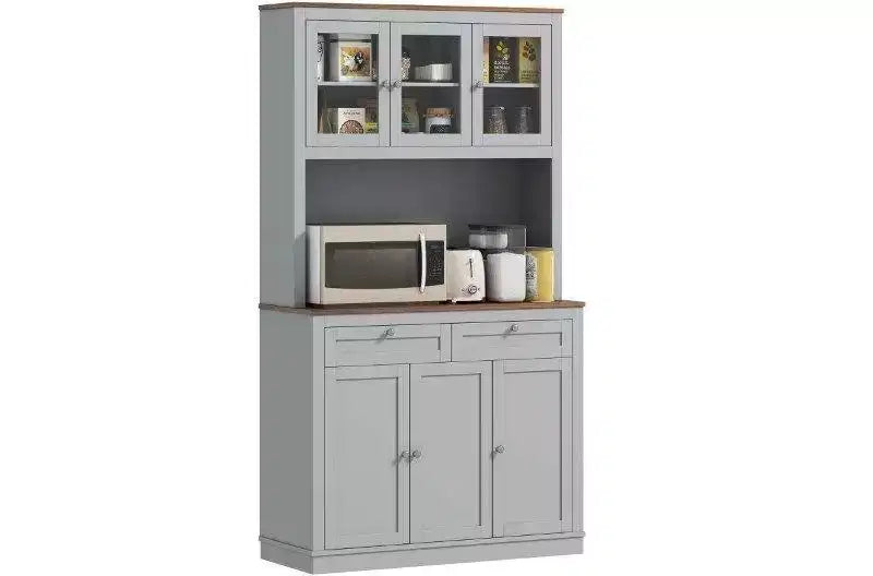 Okak Farmhouse Storage Kitchen Pantry Cabinet with 6 Doors & Microwave Stand,Accent Hutch Cabinet Bookcase for Living Room,Kitchen