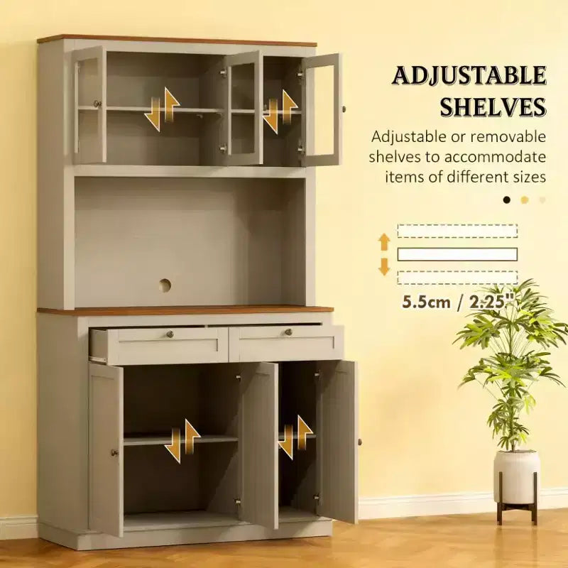Okak Farmhouse Storage Kitchen Pantry Cabinet with 6 Doors & Microwave Stand,Accent Hutch Cabinet Bookcase for Living Room,Kitchen