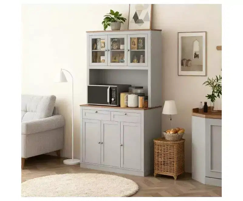 Okak Farmhouse Storage Kitchen Pantry Cabinet with 6 Doors & Microwave Stand,Accent Hutch Cabinet Bookcase for Living Room,Kitchen