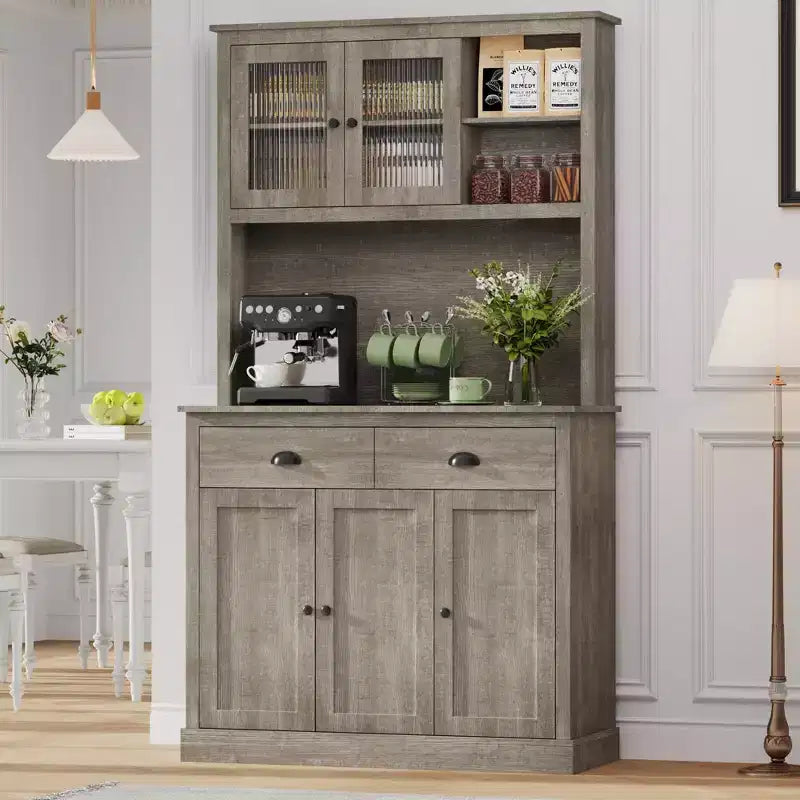 71 Kitchen Pantry Storage Cabinet, Wood Freestanding Buffet Cabinet w/Microwave Stand & 2 Drawers, Kitchen Hutch for Dining Living Room