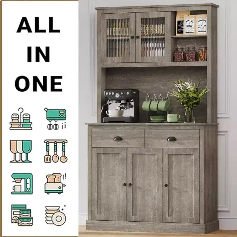 71 Kitchen Pantry Storage Cabinet, Wood Freestanding Buffet Cabinet w/Microwave Stand & 2 Drawers, Kitchen Hutch for Dining Living Room