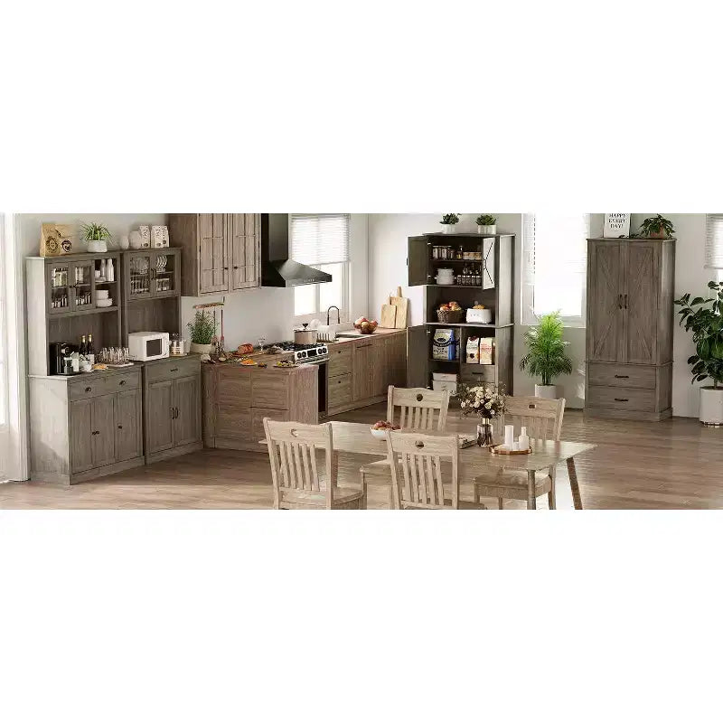 71 Kitchen Pantry Storage Cabinet, Wood Freestanding Buffet Cabinet w/Microwave Stand & 2 Drawers, Kitchen Hutch for Dining Living Room