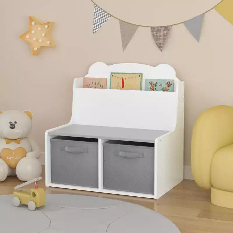 Kids Bookshelf with Storage Bins  Wooden Bookcase with Book Display Shelf and 2 Fabric Bins, Cute Bear-Shaped Backboard, Toy Organizer for Toddlers