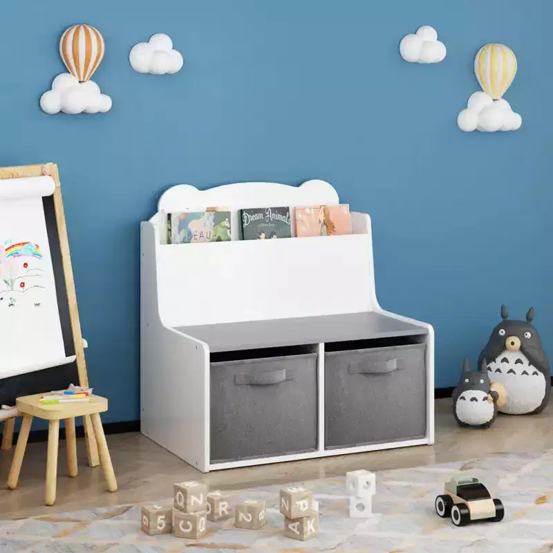 Kids Bookshelf with Storage Bins  Wooden Bookcase with Book Display Shelf and 2 Fabric Bins, Cute Bear-Shaped Backboard, Toy Organizer for Toddlers