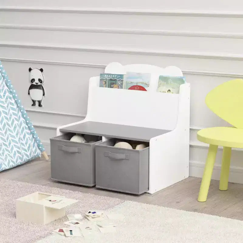 Kids Bookshelf with Storage Bins  Wooden Bookcase with Book Display Shelf and 2 Fabric Bins, Cute Bear-Shaped Backboard, Toy Organizer for Toddlers