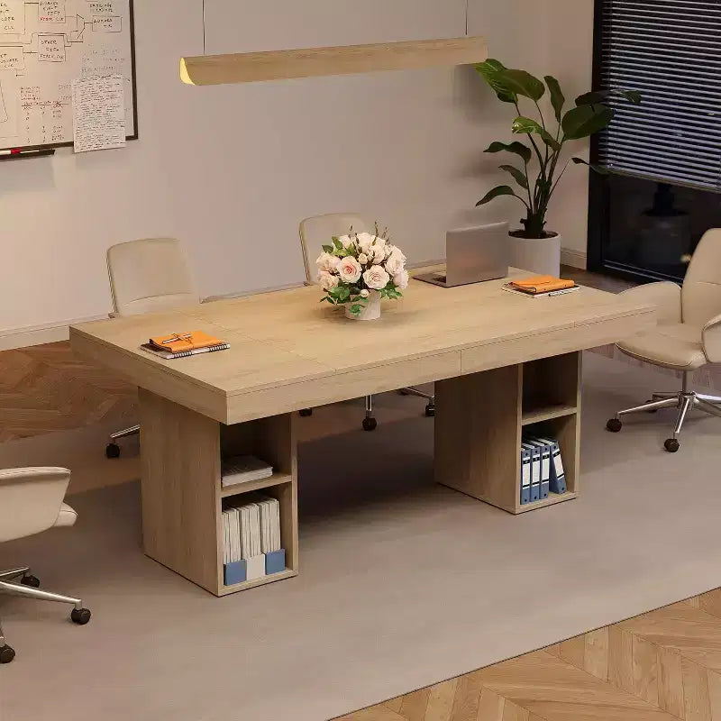 63-Inch Rectangular Dining Table for 6, Wood Construction, Double Pedestal Base with Dual-Sided Storage, Expansive Surface, Reinforced Frame
