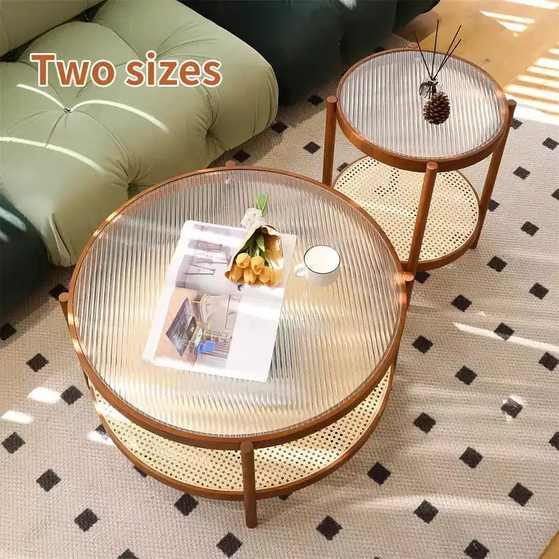 Round Coffee Table Set of 2, Farmhouse Nesting Rattan Style Circular Wooden Stacking Accent Coffee Tables Wooden Frame for Apartment Living Brown