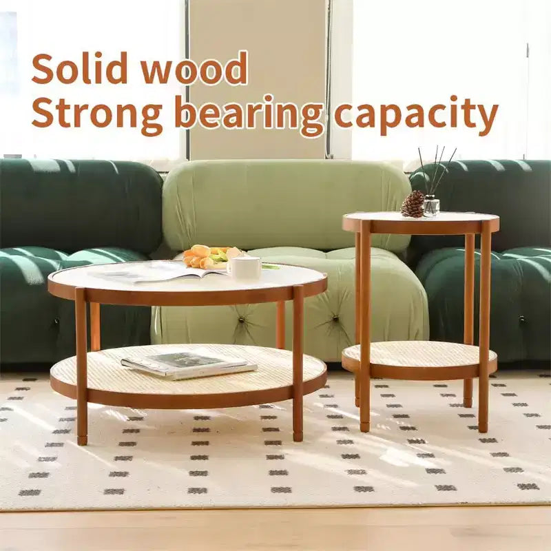 Round Coffee Table Set of 2, Farmhouse Nesting Rattan Style Circular Wooden Stacking Accent Coffee Tables Wooden Frame for Apartment Living Brown