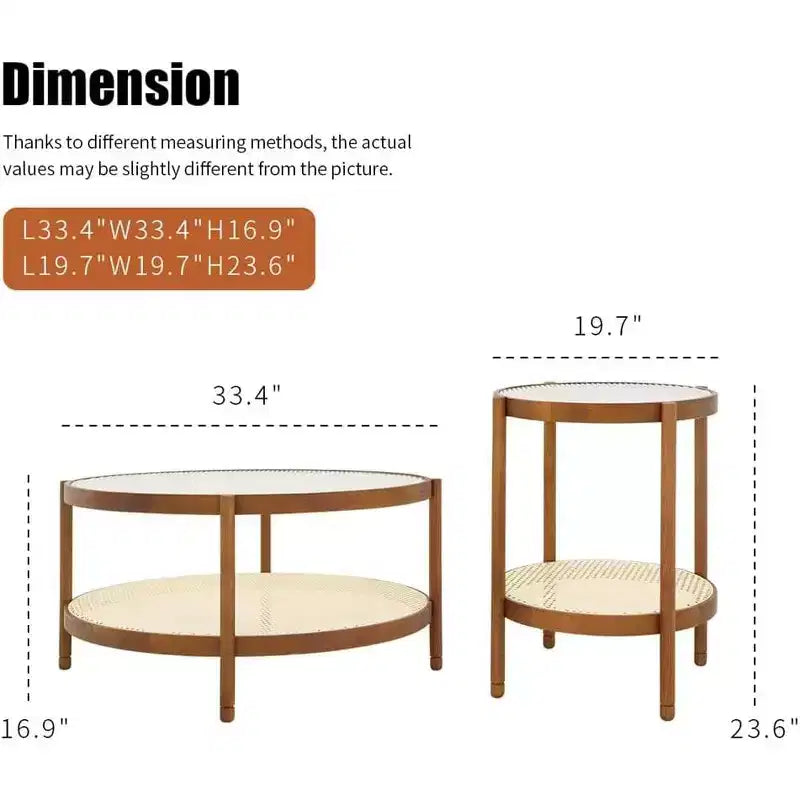 Round Coffee Table Set of 2, Farmhouse Nesting Rattan Style Circular Wooden Stacking Accent Coffee Tables Wooden Frame for Apartment Living Brown